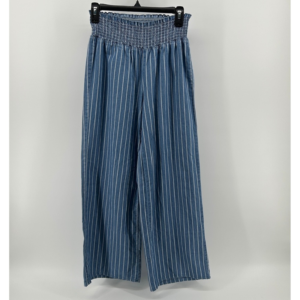 Blue Spice Blue White Striped Smocked Waist‎ Wide Leg Cotton Pants Girls S NWOT